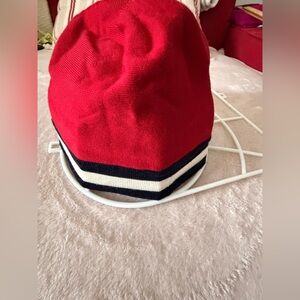 Bally red Wool Beanie with Navy and Cream Stripes made in Italy